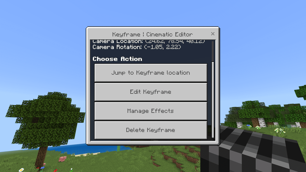 Keyframe settings with choose actions label