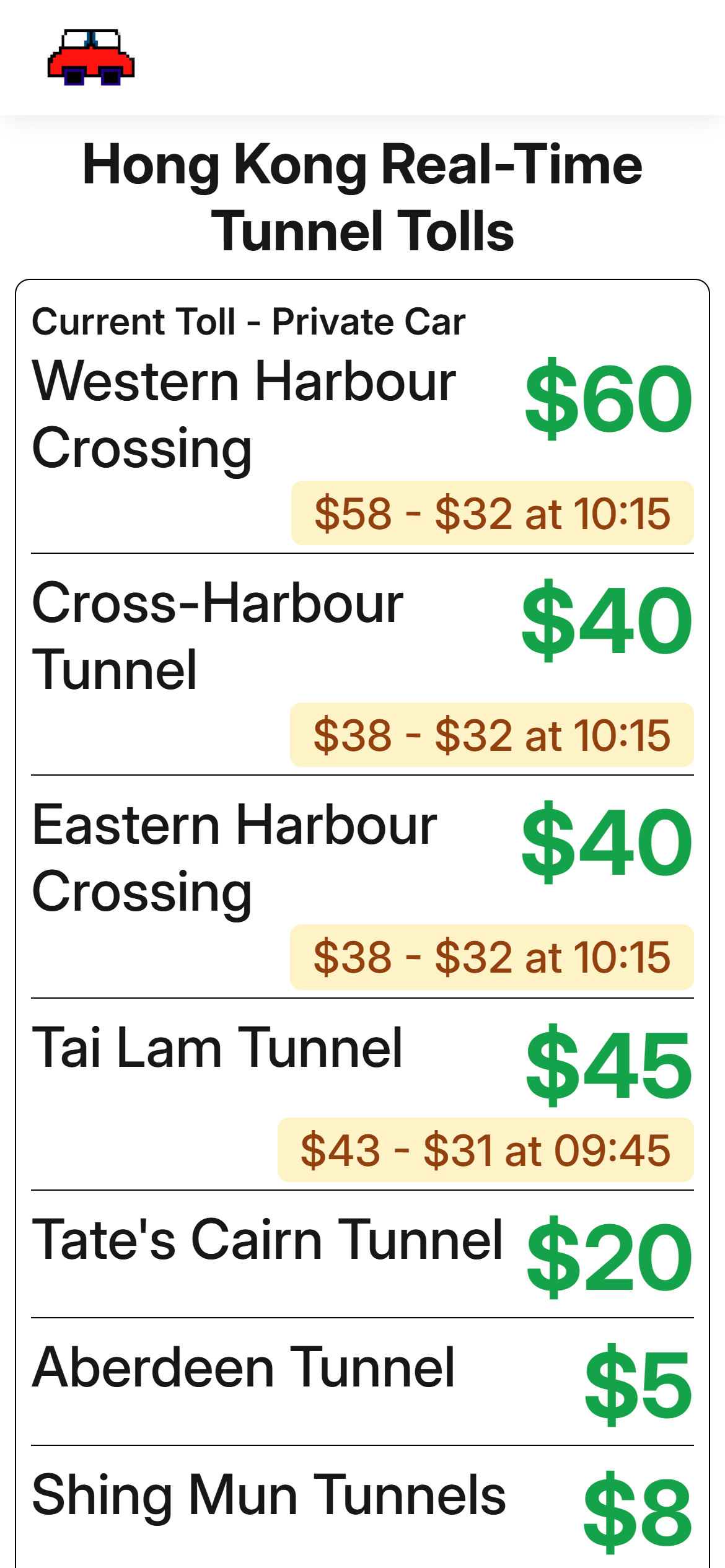 View toll rates in HK Tunnel Tolls app - Mobile