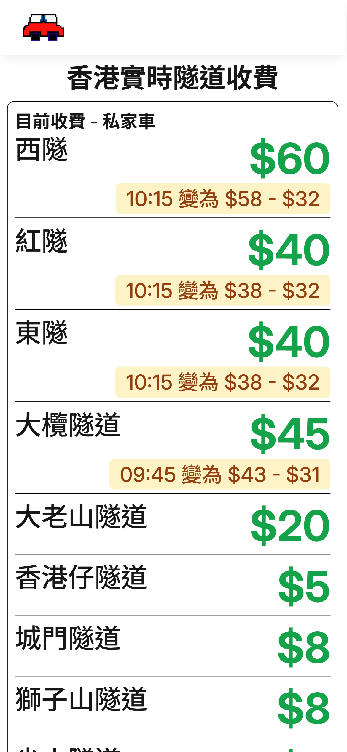 香港隧道收費 App 收費表 - 手機版