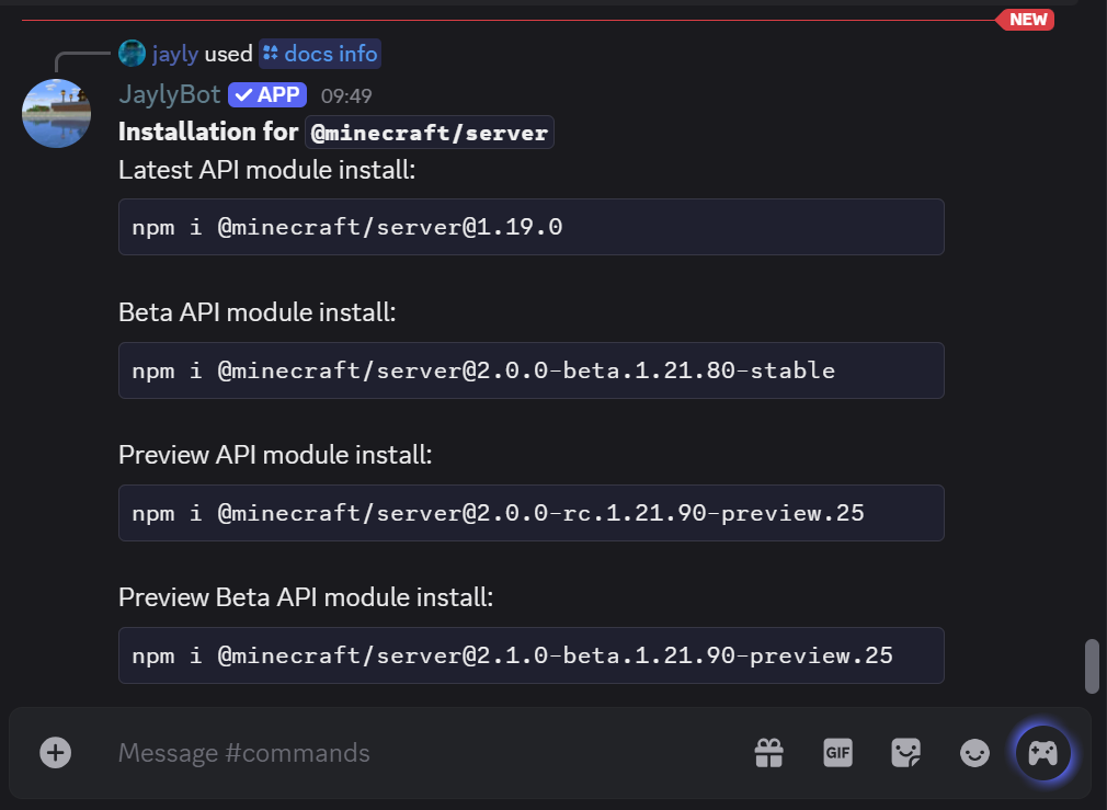 Docs info command result