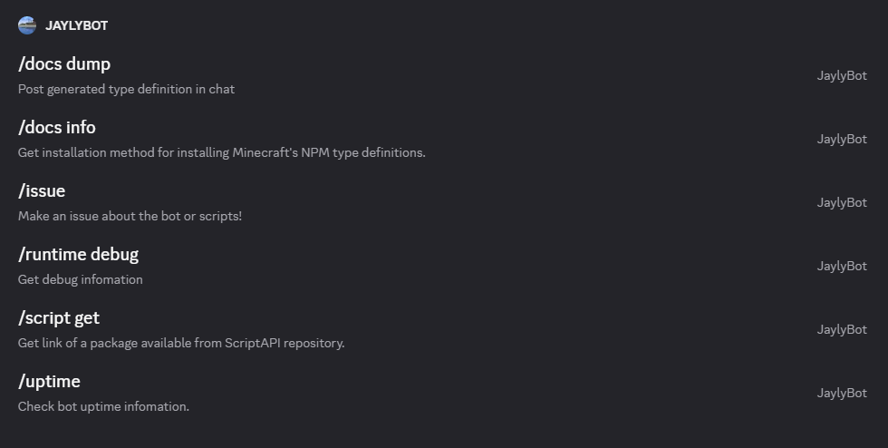 JaylyBot's slash commands list.