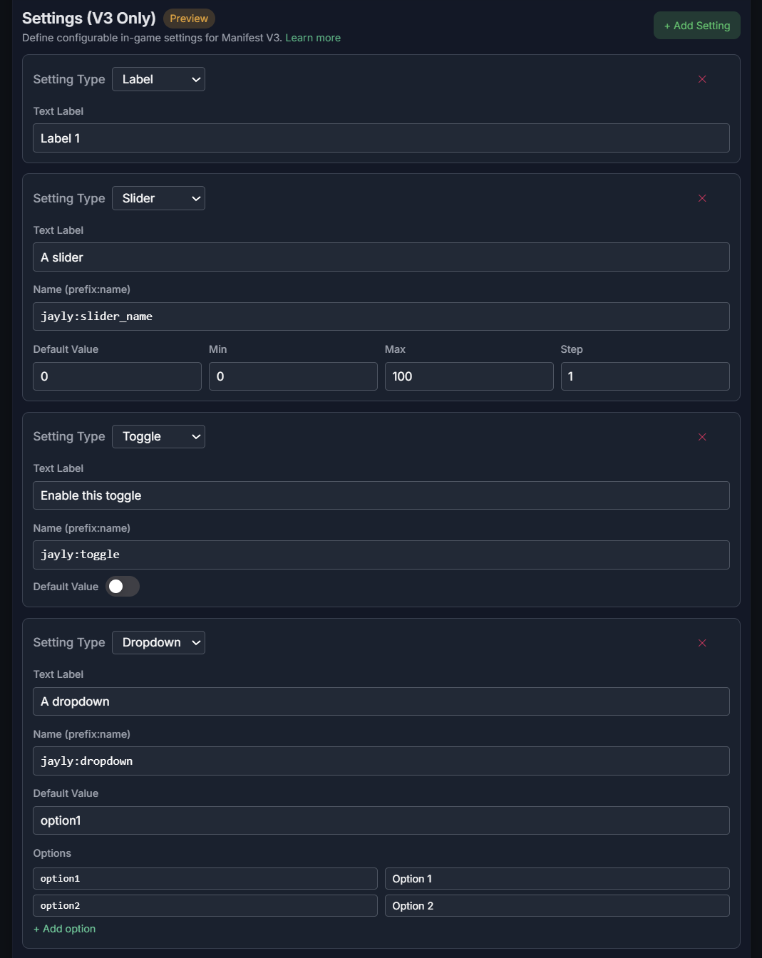 Pack settings builder