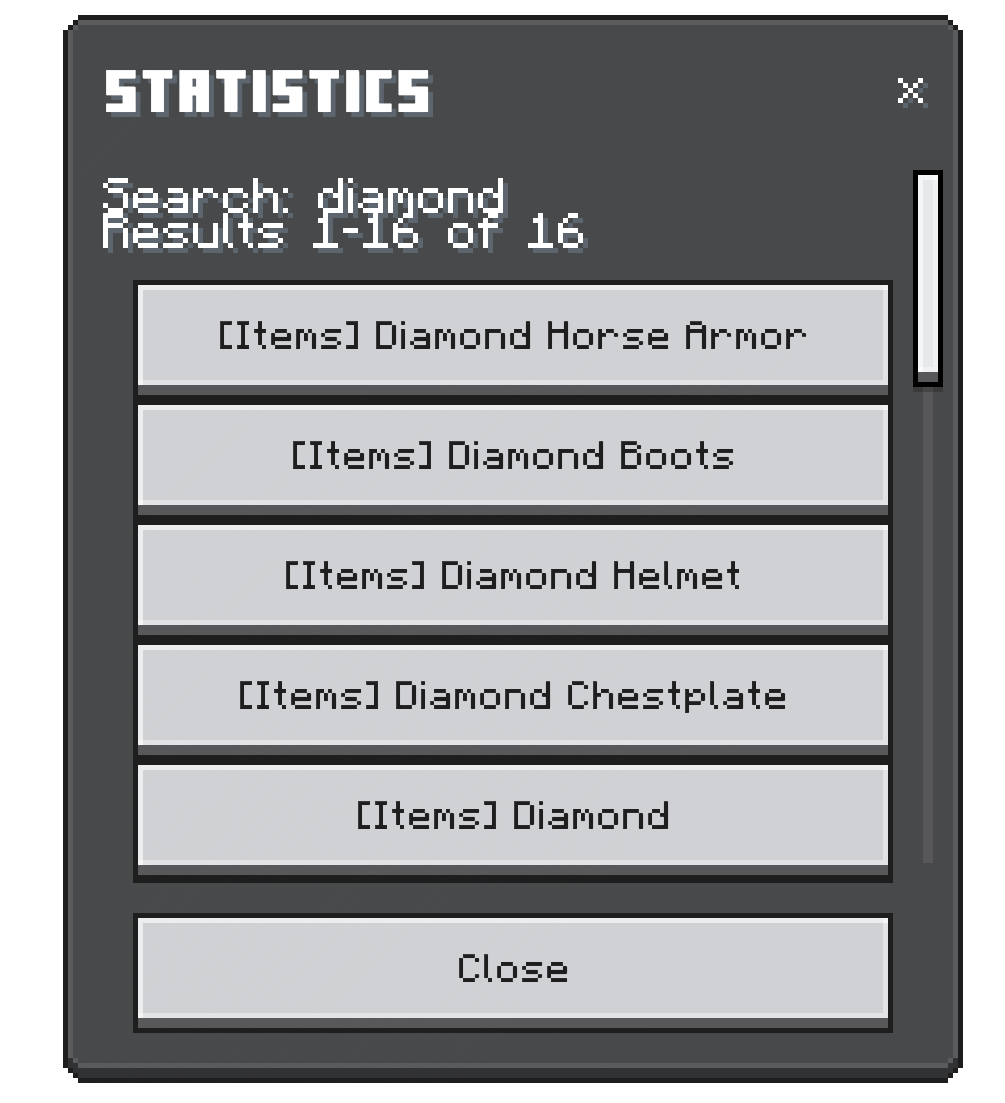 Search results in statistics menu
